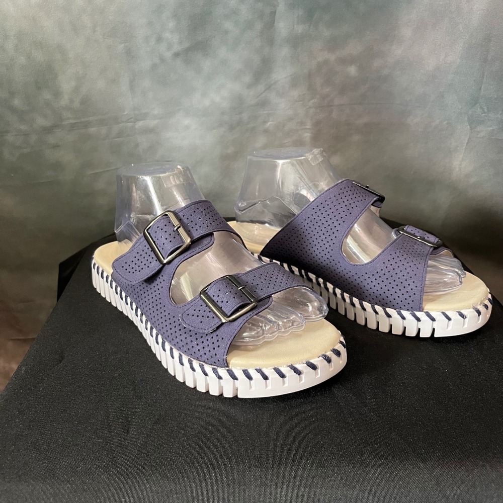 Ilse Jacobsen Hornbæk Tulip Indigo Blue Double Buckle Slide Sandals‎ Womens